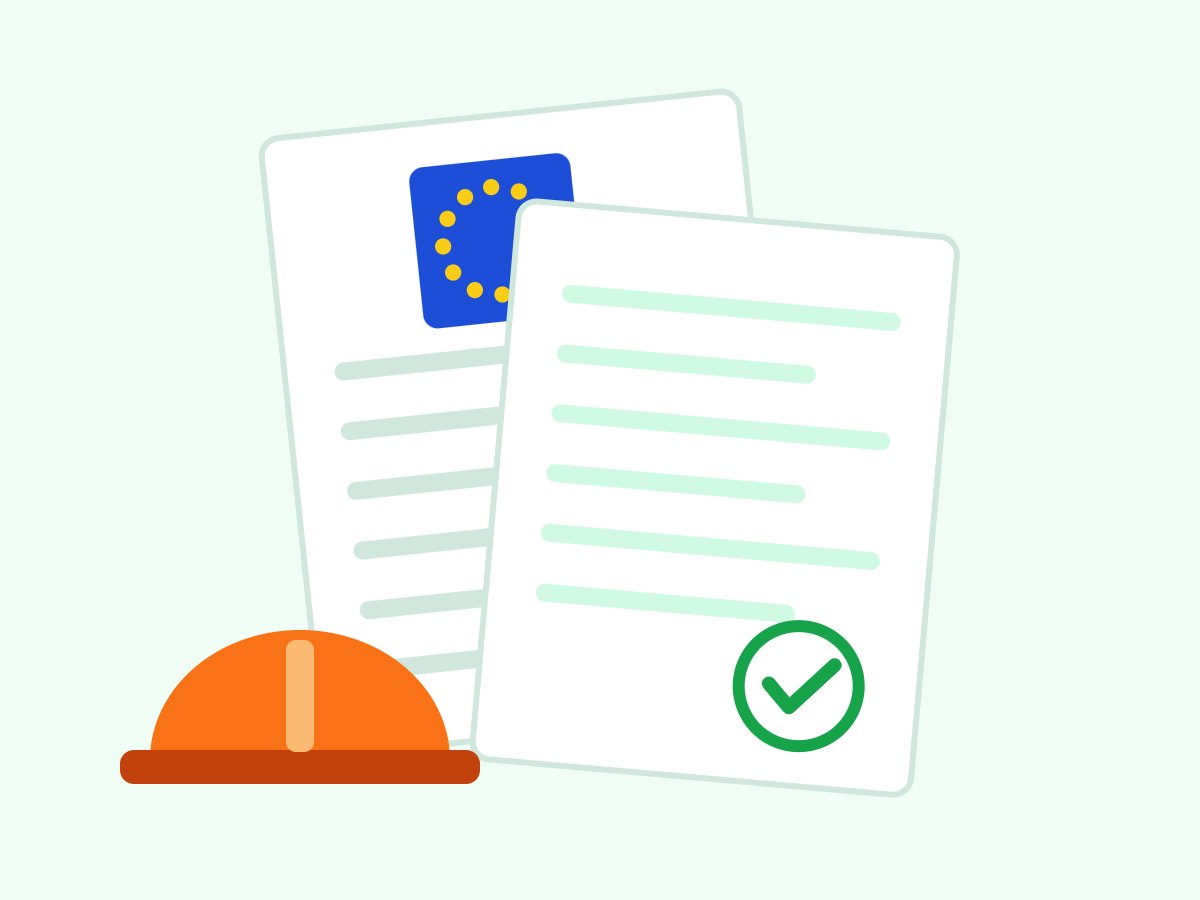Ilustración de documentos de subvención con el sello de la Unión Europea y un casco de obra